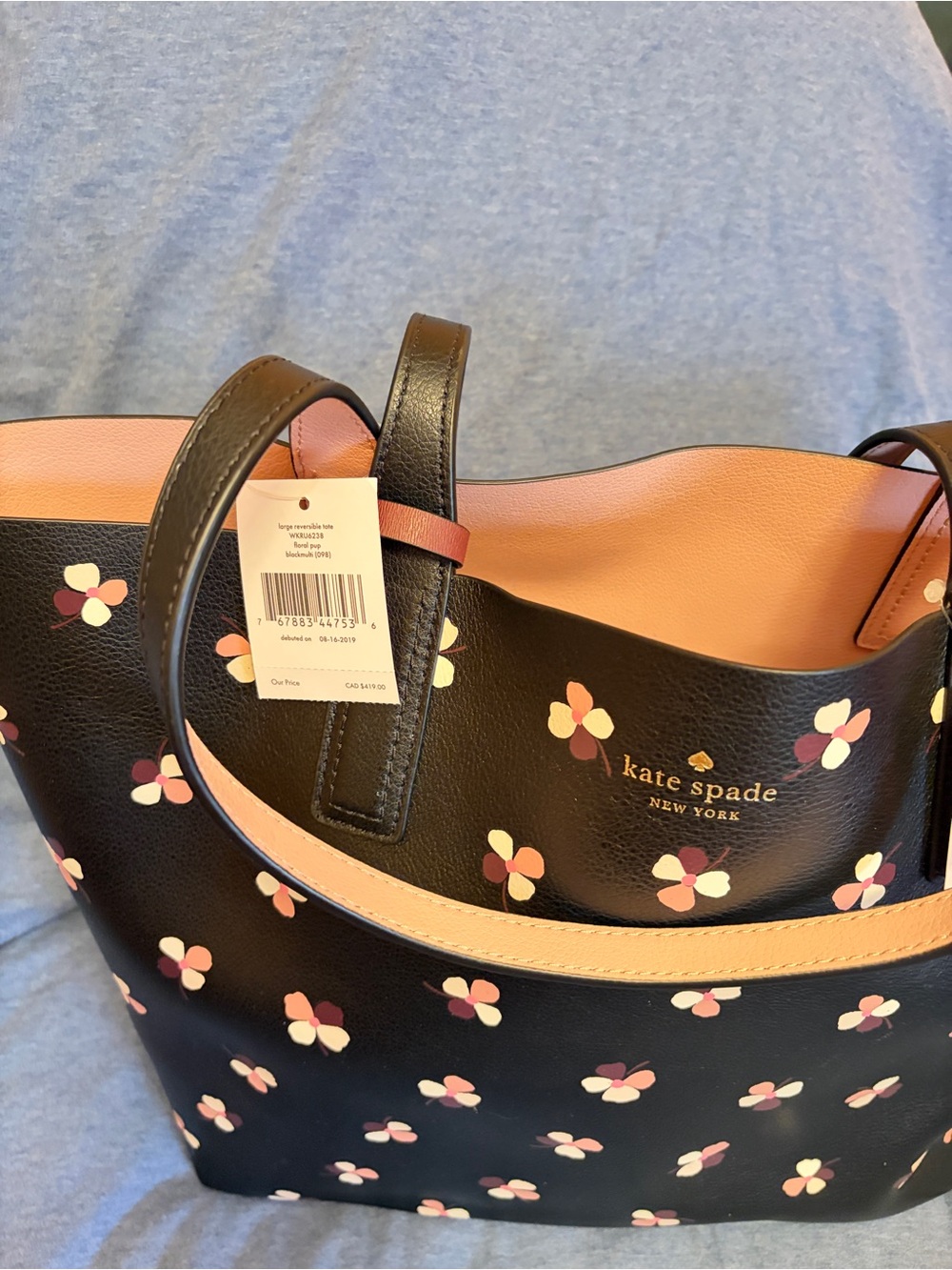 Kate Spade Vintage Black Leather Floral Pup Multi Print Tote with Pink Accents - Picture 3 of 7